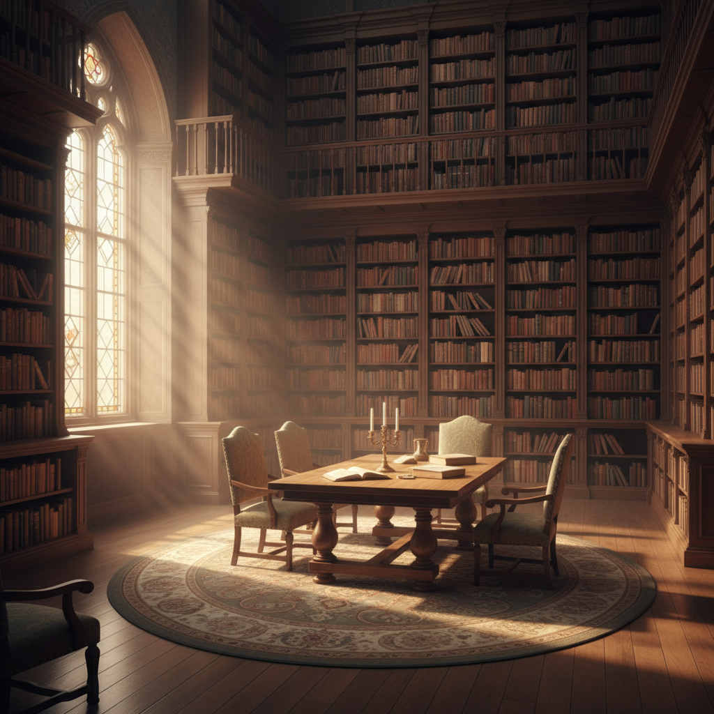 Biblioteca antigua con luz cálida filtrándose por una ventana