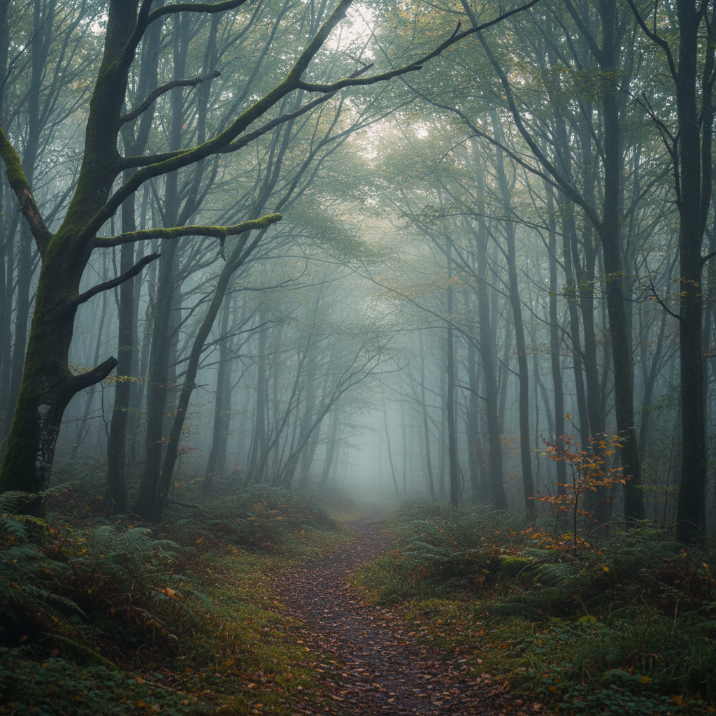 Bosque brumoso que invita a la desconexión digital y reflexión