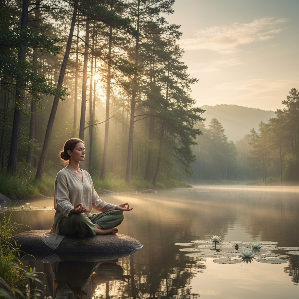 Persona meditando en un entorno natural con luz suave de mañana