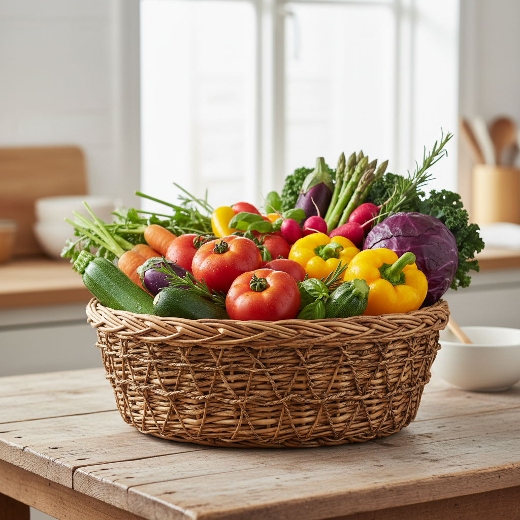 Cesta de mimbre con vegetales frescos y coloridos de temporada