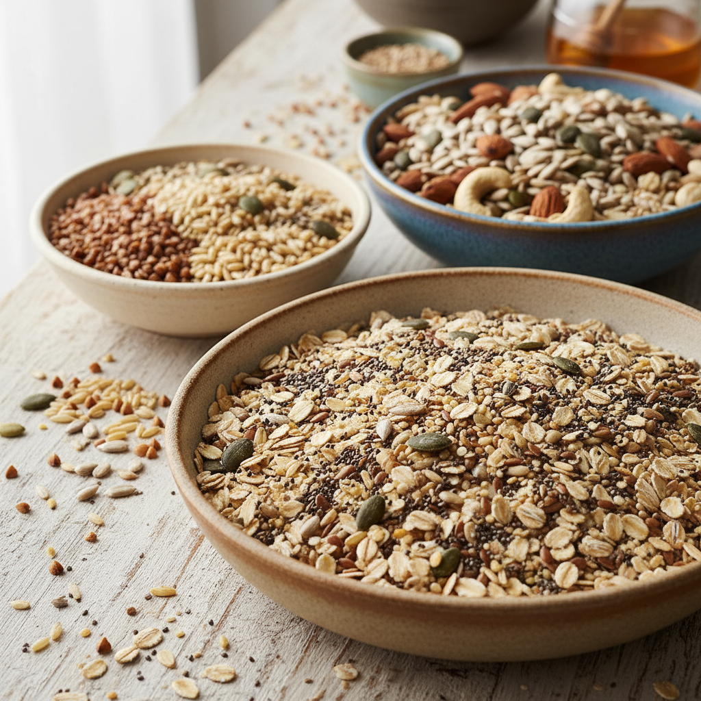 Primer plano de granos integrales y semillas variadas en cuencos de cerámica